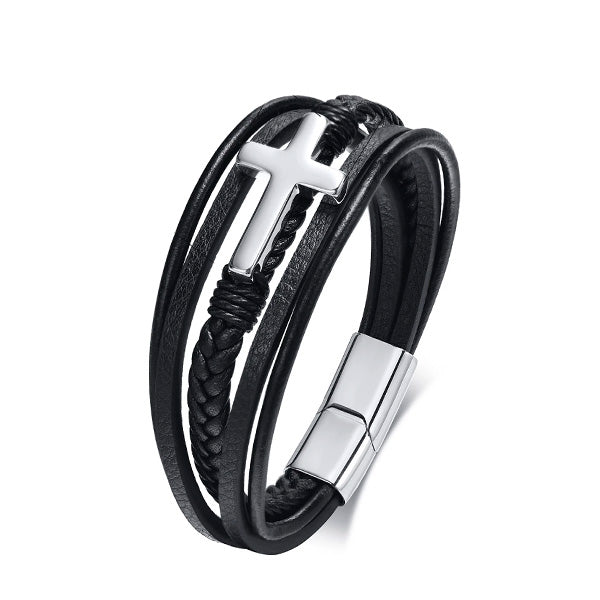 Pulsera de Cuero con Cruz Silver